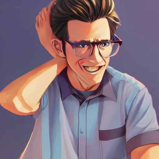 Prompt: Athletic Man in his 80s, dark blond and salt-and-pepper hair with a short beard, thick dark glasses, blue eyes, big nose, wearing stripe shirt, jean and multicolor shoes, digital painting, 4k, anime key visual, rays of light, artstation, kuvshinov ilya, landscape by Noah Bradley