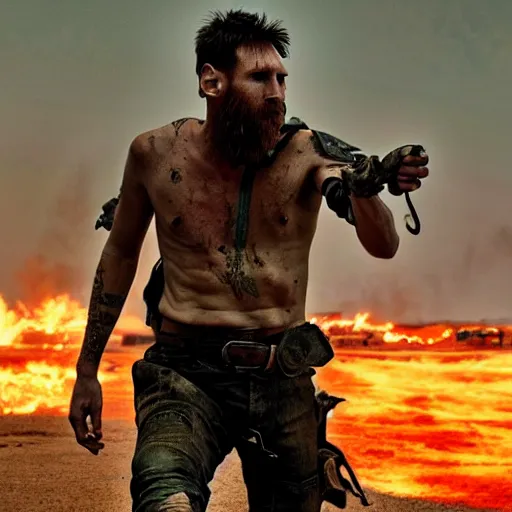 Prompt: Lionel Messi in Mad Max Fury Road, cinematic, sharp focus, movie still, atmospheric, 8k,