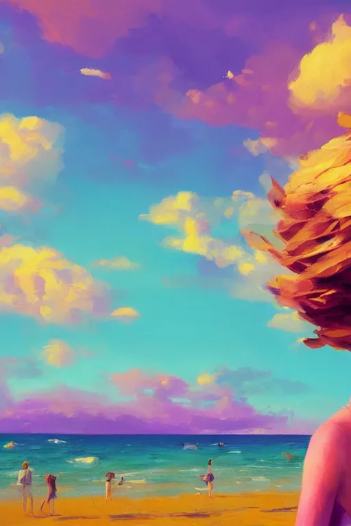 Image similar to closeup, giant lilac flower head, girl on beach, surreal photography, golden hour, colorful clouds, impressionist painting, digital painting, artstation, simon stalenhag