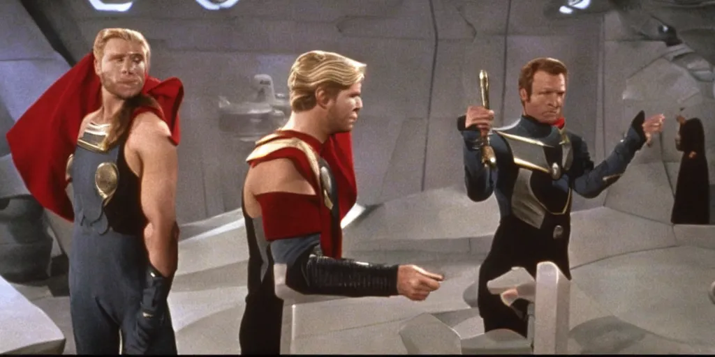 Image similar to Thor in the role of Captain Kirk in a scene from Star Trek the original series