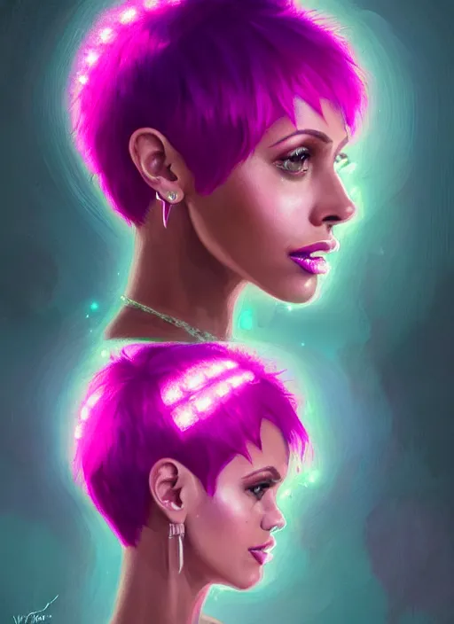 Image similar to portrait of vanessa morgan with bright pink hair, curly pixie cut hair, wearing a purple breton cap, breton cap, hoop earrings, intricate, elegant, glowing lights, highly detailed, digital painting, artstation, concept art, smooth, sharp focus, illustration, art by wlop, mars ravelo and greg rutkowski