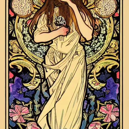 Prompt: tarot card the foolfull body portrait by william morris and alphonse mucha and stephen bliss, trending pixiv fanbox, gold inlay, skulls and roses, shiny, glow, raytracing dynamic light sources