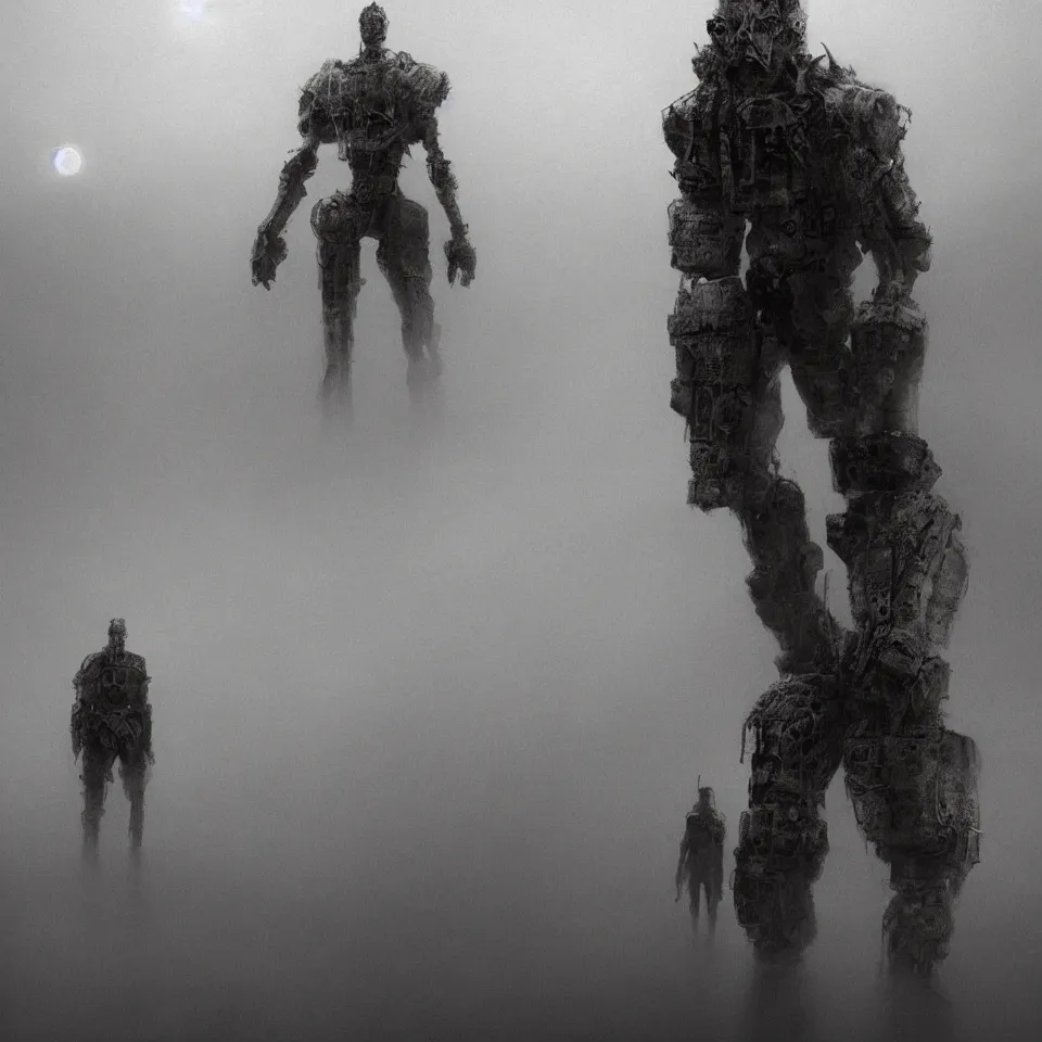 Prompt: giants creepy robot, battlefield, beksinski, horror, creepy, fog, volume light, black and white high resolution, 8 k, highly detailed, digital painting, astrophotography, processing, extremely hyperdetailed