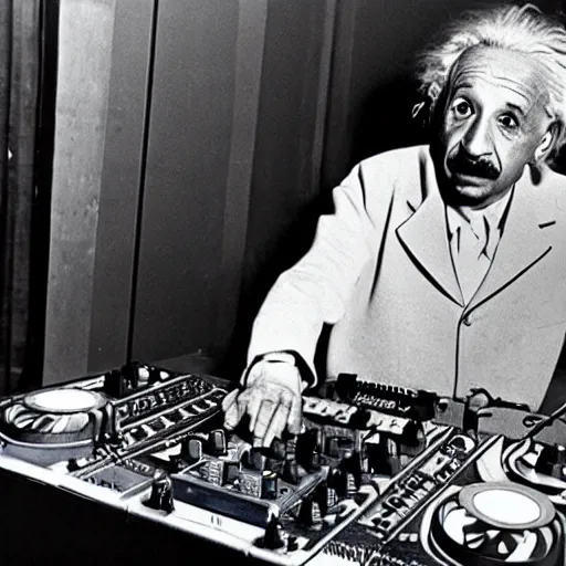 Image similar to photo of albert einstein as a dj behind the dj decks in the club