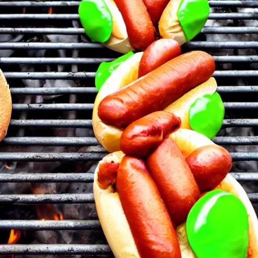 Image similar to hot dogs on a grill, with the ends of the hot dogs having the face of pepe the frog