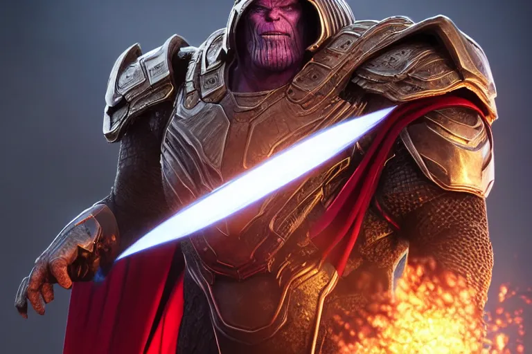 Prompt: ultrarealistic massive giant thanos iron knight with red cape, giant metal helm bladed iron mantle black etched iron armor, bone wastes, fantasy character portrait, octane render, extreme intricate metal details, cinematic lighting, volumetric lighting, ultra wide angle, artstation, dnd art, cgsociety, sharp focus, digital painting by artgerm, gerald brom, wlop