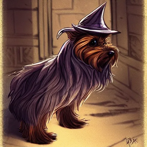 Image similar to detective yorkshire terrier wearing a wizard hat, in a dark alley, by D&D Concept Artists