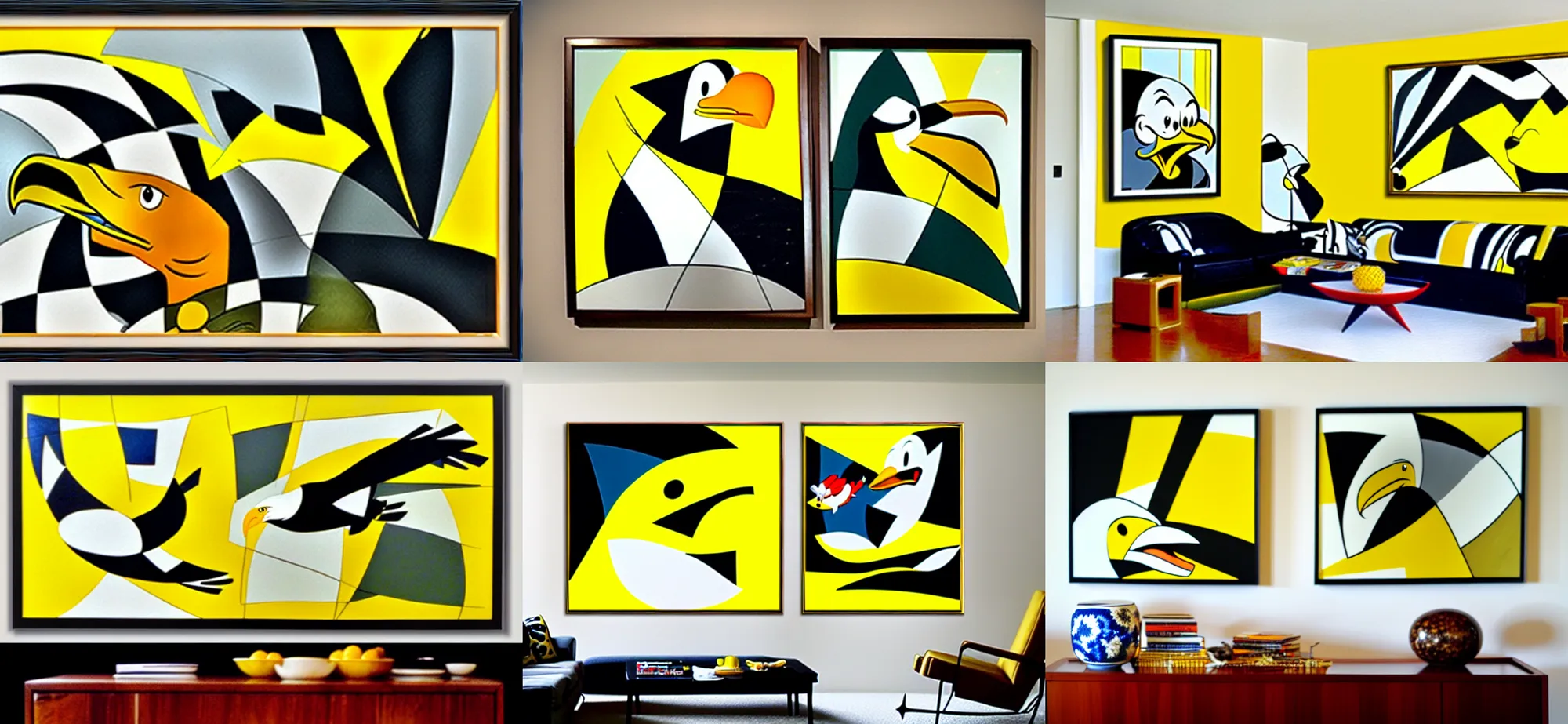 Prompt: action shot of bald eagle and fish, black and yellow and white framed painting hanging in normal looking modern home, carl barks, cubism