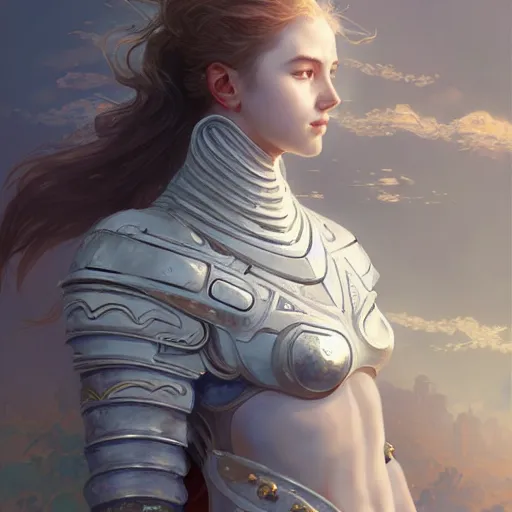 Image similar to portrait young knights of Zodiac girl, matt white color armor, in ruined Agora of Athens Sunrise, ssci-fi and fantasy, intricate and very beautiful and elegant, highly detailed, digital painting, artstation, concept art, smooth and sharp focus, illustration, art by tian zi and WLOP and alphonse mucha