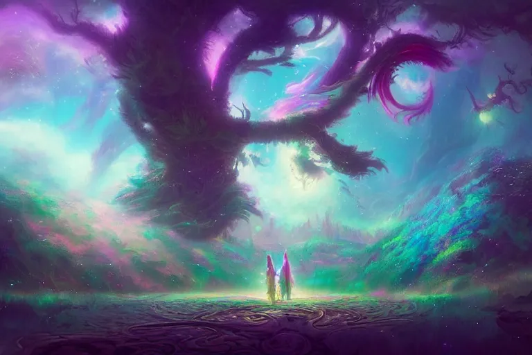 Image similar to a psychedelic realm made entirely out of love and acceptance, astral beings sharing love!!!!, in the style of greg rutkowski! and wlop and lisa frank! and bob ross!!! and ruan jia, illustration, epic, fantasy, hyper detailed, smooth, unreal engine, sharp focus, ray tracing