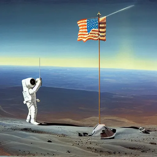 Prompt: wide-angle painting of an astronaut planting a UN flag on a hill in the distance by chesley bonestell