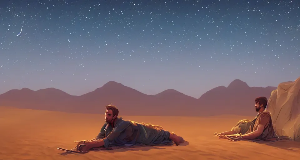 Image similar to a man resting in the desert at night, artstation