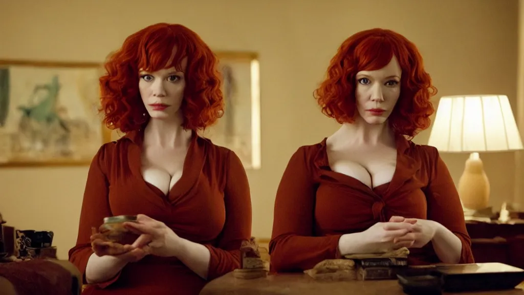 Image similar to Christina Hendricks in the living room, film still from the movie directed by Denis Villeneuve with art direction by Salvador Dalí, wide lens