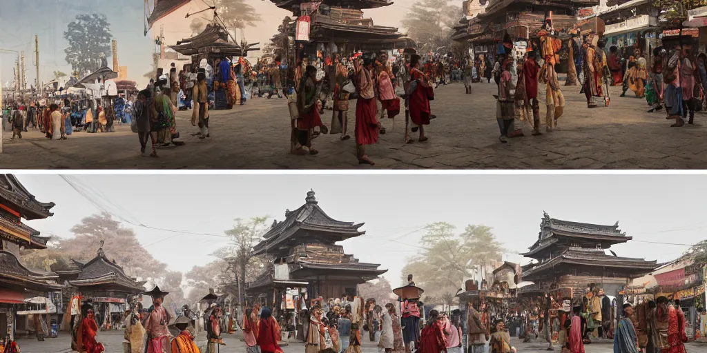 Prompt: india in the 1 8 0 0 s filled with japanese architecture, samurai's walking the streets, indians in traditional wear haggling with the street vendors, surreal, beautiful, hyper realistic, trending on artstation, 8 k, hd