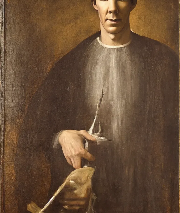 Prompt: oil painting half-length portrait of Benedict Cumberbatch holding the darkhold by Leonardo da Vinci