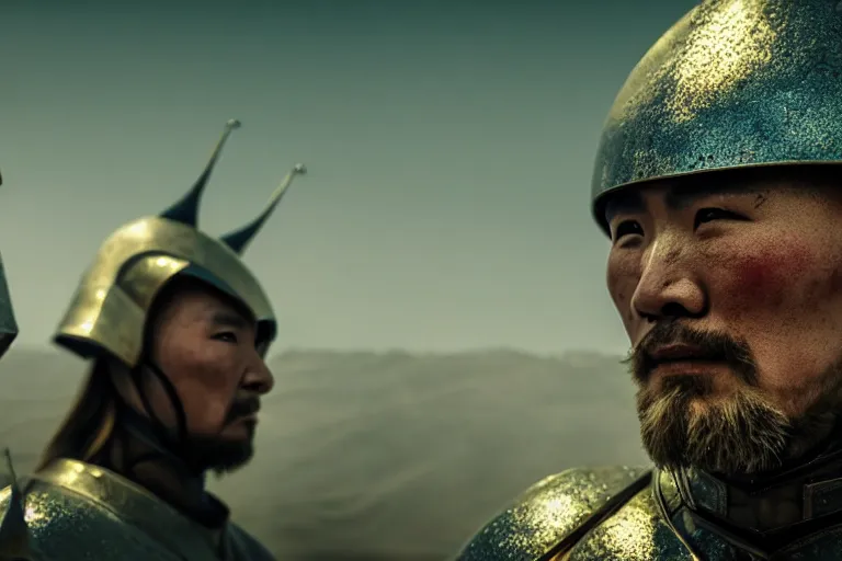 Image similar to vfx film closeup, futuristic mongolian warriors, sci - fi mongolian village, robot stand - off, flat color profile low - key lighting award winning photography arri alexa cinematography, hyper real photorealistic cinematic, atmospheric cool colorgrade