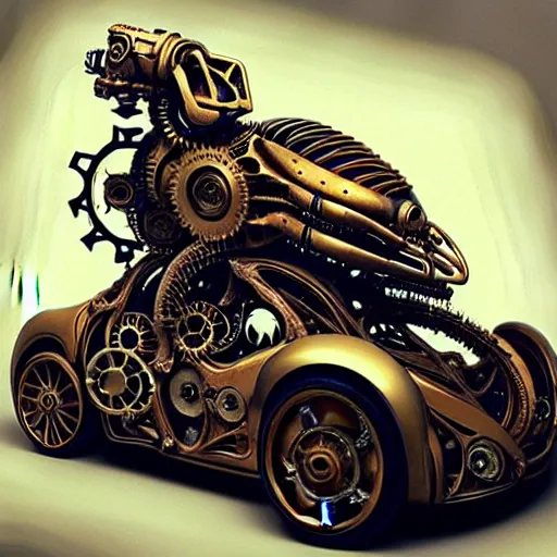 Image similar to biomechanical steampunk vehicle reminiscent of fast sportscar with robotic parts and (glowing) headlights parked in ancient lush palace, gothic and baroque, brutalist architecture, ultradetailed, creepy ambiance, fog, artgerm, giger, Intricate by Ellen Jewett and Josan Gonzalez and Giuseppe Arcimboldo