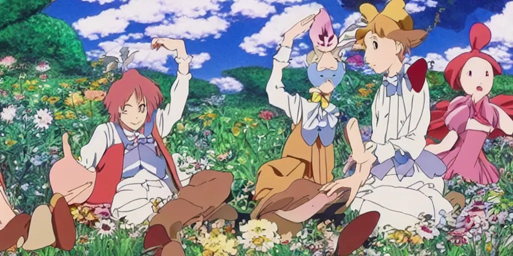 Image similar to alice in wonderland anime made by hayao miyazaki, dreamy, bright, colorful