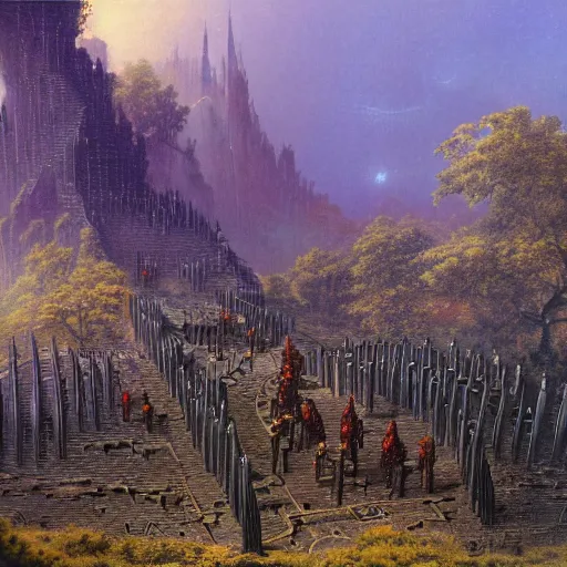 Image similar to fief of relentless autodidact labor yoke, where four gates and maze of lance tree resides, in the style of bruce pennington and jeff east, 8 k resolution,