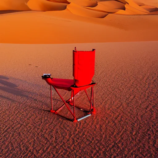 Image similar to a red camping chair in the middle of the sahara desert. the chair is far away from the camera.