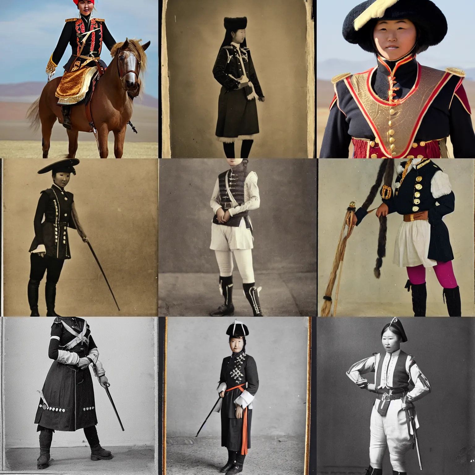 Prompt: Young female Mongolian commodore, wearing a waistcoat, breeches, stockings and a tricorn hat