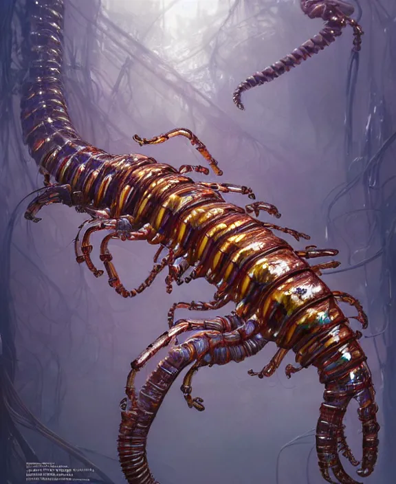 Prompt: opulent transparent clear see - through portrait of a terrifying beautiful male alien centipede robot, mottled coloring, adorable, childlike, overgrown biopunk jungle environment, ultra realistic, concept art, art nouveau, photorealistic, octane render, 8 k, unreal engine. art by christopher marley and artgerm and greg rutkowski and alphonse mucha