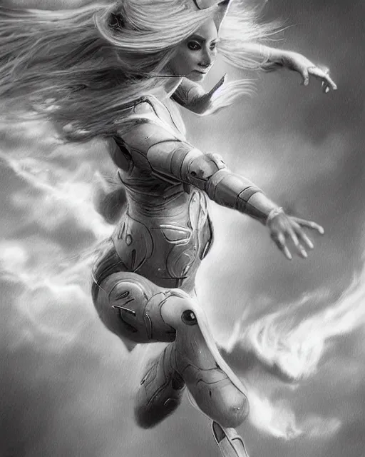 Prompt: pencil drawing of beautiful cat - robo woman goddess, beautiful blonde hair flying in the wind, hyper realistic face, in the style of greg rutkowski, fantasy, amazing detail, epic, elegant, smooth, sharp focus, from the front