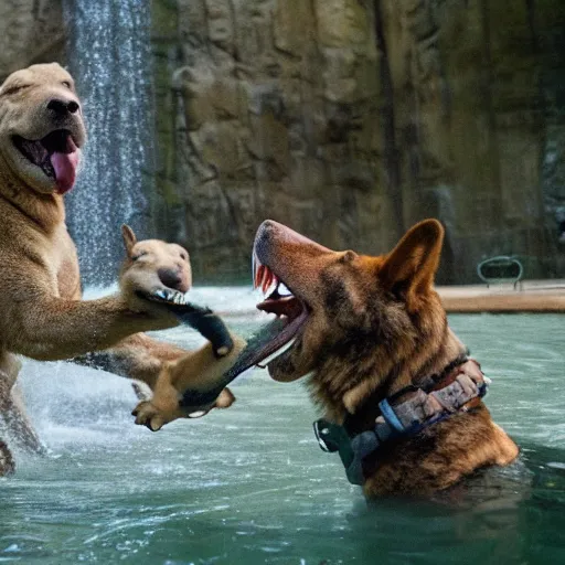 Prompt: steve irwin playing with dingo and crocodile in front of waterfall, epic detailed cinematic award winning profile photography 8 k