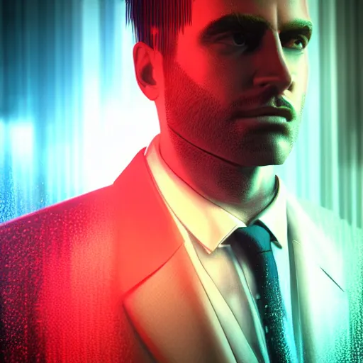 Image similar to stylish man cartoon portrait made out of rain, pinstripe suit, cyberpunk background, rendered in octane, unreal engine, highly detailed, trending on artstation, realistic, neon, beautiful, volumetric lighting, depth of field, glowing eyes
