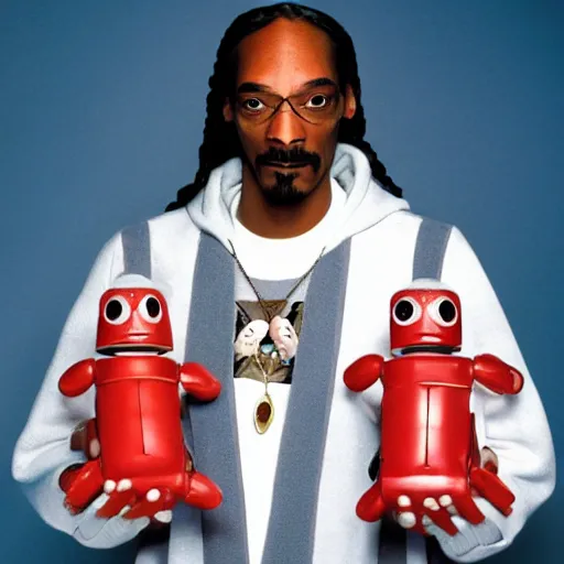 Prompt: Snoop Dogg holding two robots for a 1990s sitcom tv show, Studio Photograph, portrait, C 12.0