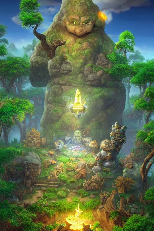 Image similar to zelda fantasy art giant golem troll wood rock greeble gemstone enchanted forest, global illumination ray tracing hdr fanart arstation by sung choi and eric pfeiffer and gabriel garza and casper konefal bastion forged hardmesh lisa frank zbrush central radiating a glowing aura global illumination ray tracing hdr