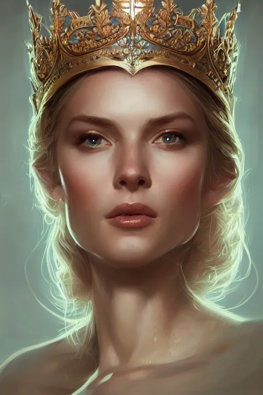 Image similar to highly detailed portrait of an elegant norwegiangoddess, ornate crown, beautiful symmetrical face, glowing skin, digital painting, artstation, concept art, smooth, clear focus, illustration, greg rutkowski, artgerm, global lighting, detailed and fantasy