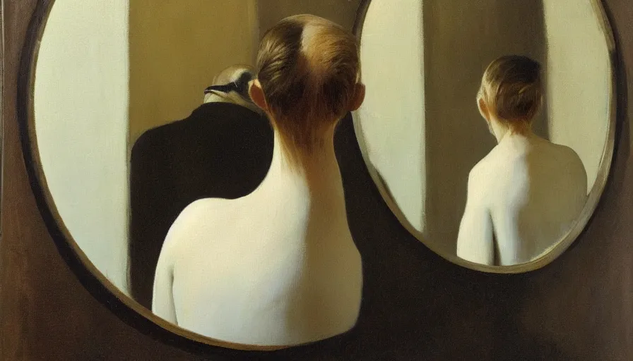 Prompt: painting by borremans, bird in front of the mirror, detailed, stunning