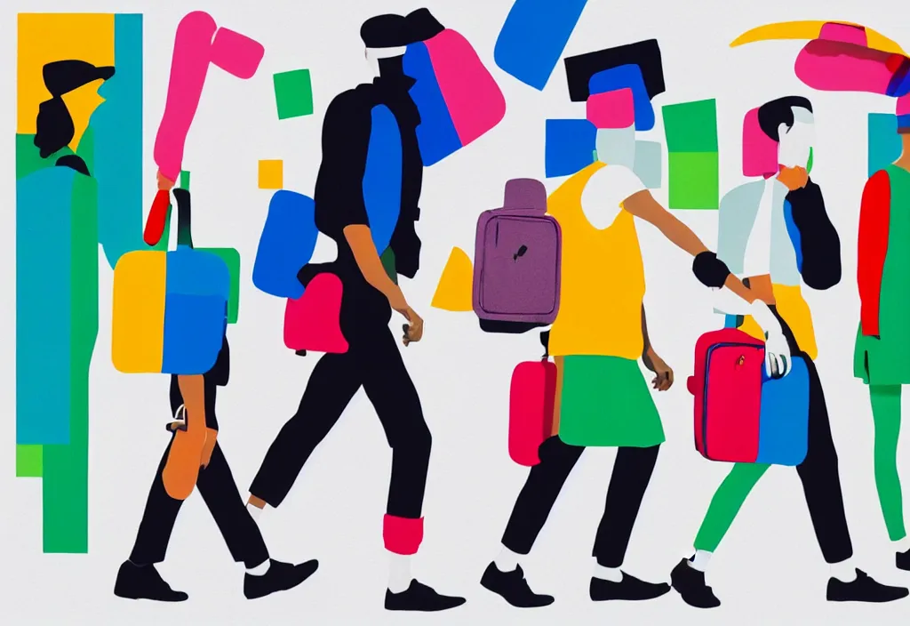 Image similar to full body portrait of a duo of young english tourists travel apparel, various poses walking and carrying luggage, geometric character designs painting, in the style of wes anderson, rene magritte, lola dupre, david hockney, isolated on white background, dark monochrome neon spraypaint accents octane render