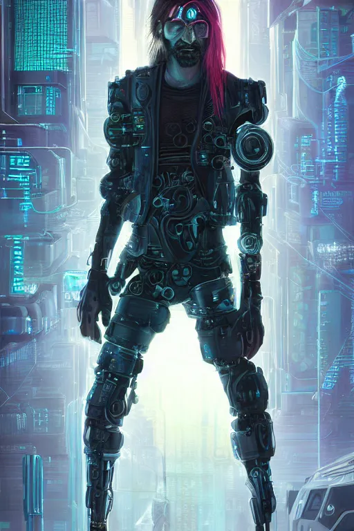 Image similar to a full body illustration of an male cyberpunk character wearing bionic implants, criminal mugshot, long hair, bearded, highly detailed, oil on canvas, soft lighting, neon pastel colors, by WLOP and Greg Staples, HD, 4K