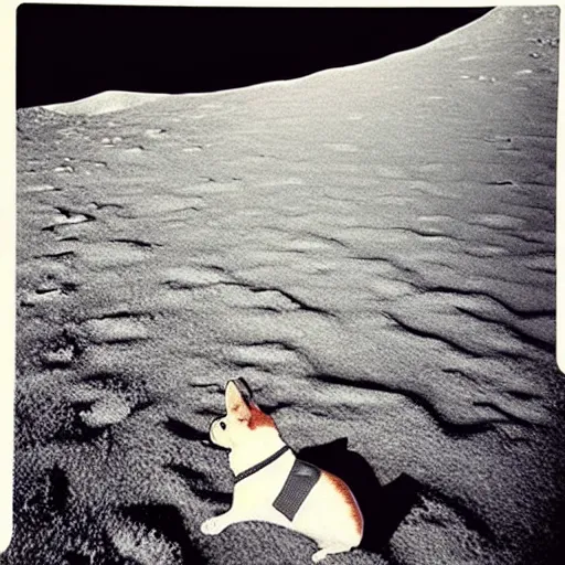 Prompt: corgi moon landing, vintage photograph by david lynch