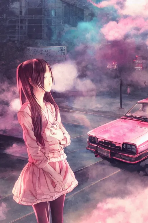 Image similar to art by D. Jun, by Mo Xiang Tong Xiu, Infrared Unreal Engine render, cute girls in Japanese maid's clothes and smoking inside a JDM car in the rain at night in a parking lot, anime vintage colors, polaroid, foggy, smoke, steam, parov, trending on artstation, volumetric light, cinematic render, ultra realistic, oil painting