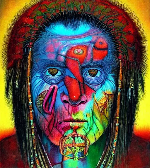 Image similar to Portrait painting in a style of Beksinski mixed with Alex Grey of an old shaman dressed in a colorful traditional clothes. psychodelic