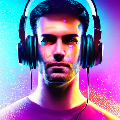 Image similar to electronic dj portrait, dj performing live streaming to online, cyberpunk 2 0 7 7, cyberpunk, photorealistic, ultra detailed, neon, octane, bokeh, cinematic lighting, cyber, cyberpunk city, headphones, studio quality, feature, scars, cyberface, 8 k