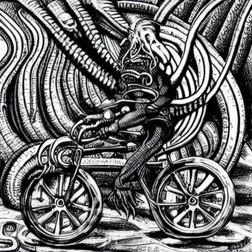 Image similar to cthulhu rides his single speed bicycle to work in a detailed hellscape, hr giger illustration