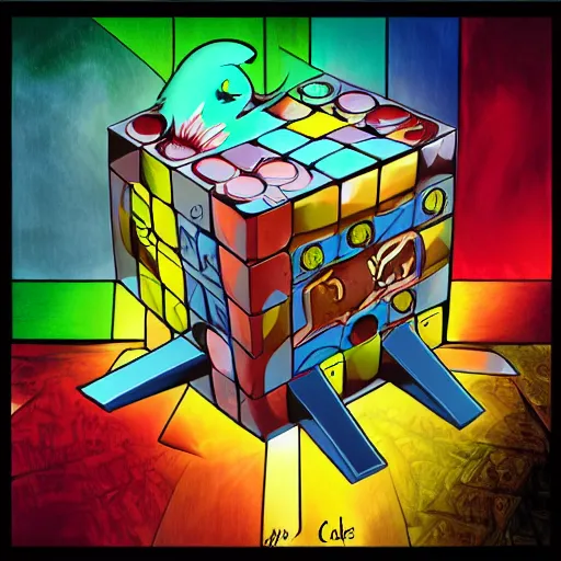 Prompt: illustration image for rubik's cube as a magic the gathering creature, highly detailed, fantasy, cartoon style, painting