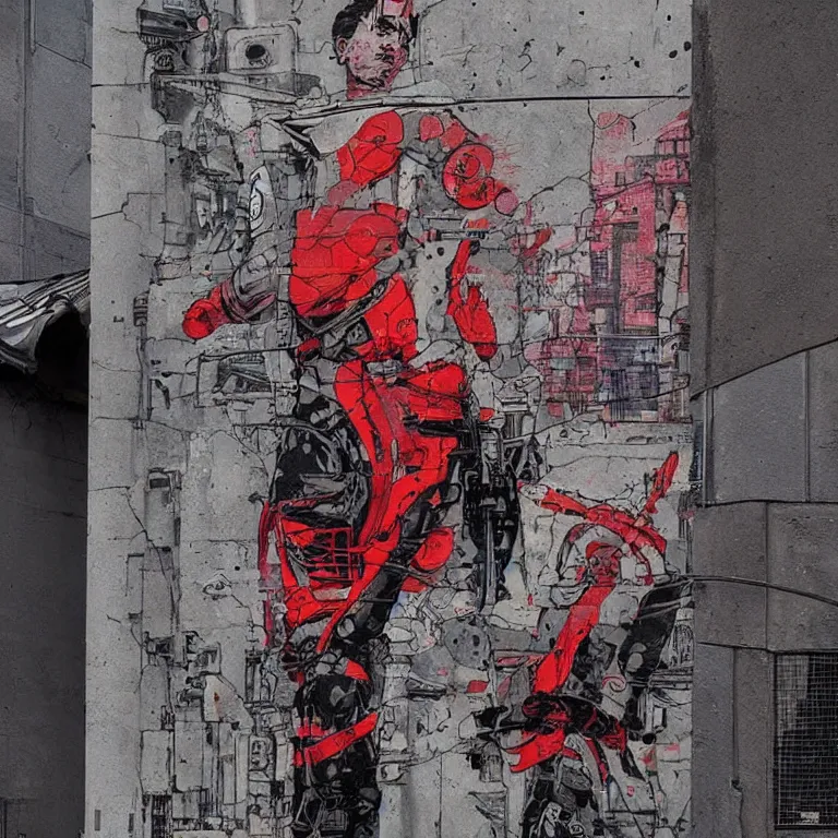 Image similar to Street-art cyberpunk Akira in style of Banksy, photorealism