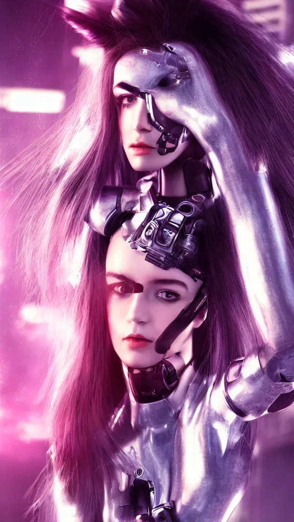 Prompt: beautiful cyborg girl with pony hair,cyberpunk,realistic,cinematic,3d,night lighting