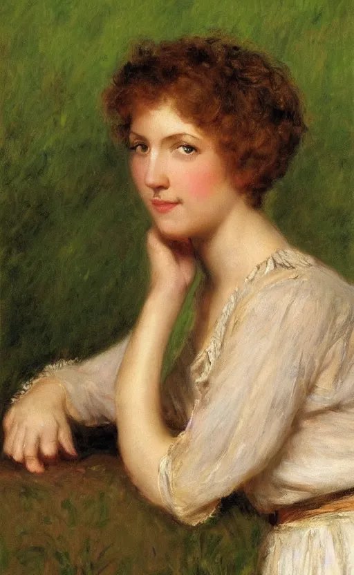 Image similar to portrait of a young woman!! daydreaming! brown fuzzy!!! hair, short hair!! green wallpaper background! by eugen von blaas