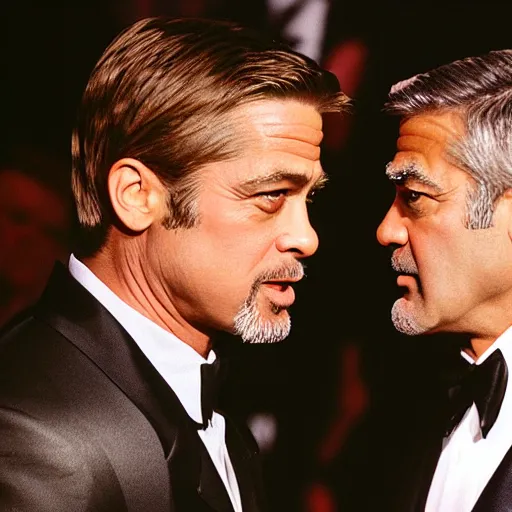 Prompt: a still photograph of Brad Pitt and George Clooney. They facing each other. They are two feet apart. Brad on left George on right. Neutral expression. Close up shot, detailed. Professional photography.