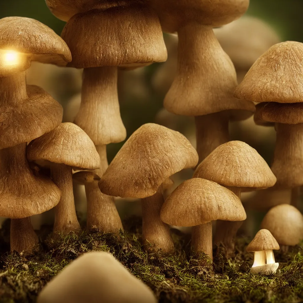 Image similar to very close macro photo of mushroom growing in a spheroid forest, 3d render, nightlight Study, by Jan Davidsz de Heem, 8k, extreme detail, sharp focus, cinema 4d render