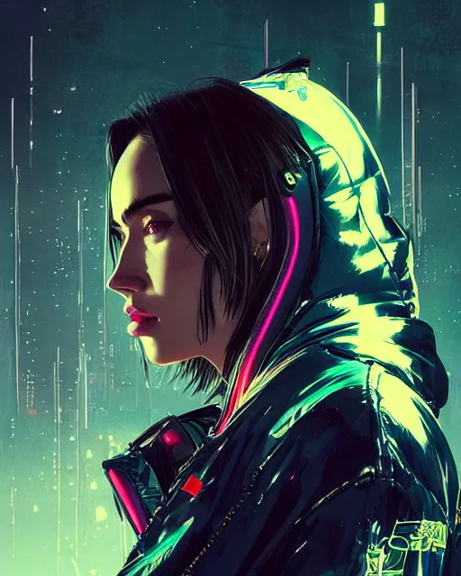 Image similar to detailed side profile portrait Neon Megan Fox, cyberpunk futuristic neon, reflective puffy coat, decorated with traditional Japanese ornaments by Ismail inceoglu dragan bibin hans thoma greg rutkowski Alexandros Pyromallis Nekro Rene Maritte Illustrated, Perfect face, fine details, realistic shaded, fine-face, pretty face