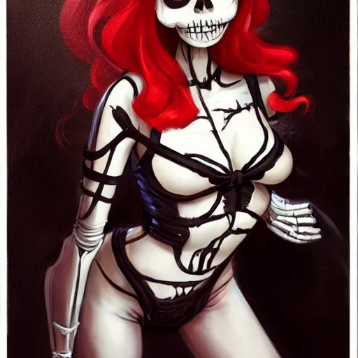 Image similar to cute & beautiful smug smiling undead skeleton girl with very attractive face and red hair dressed as a metrocop, elegant, digital art, fullbody painting, fantasy, pixar style, painting, pin up, highly detailed, artstation, art by artgerm, vrubel, greg rutkowski, ilya kuvshinov, raymond swanland