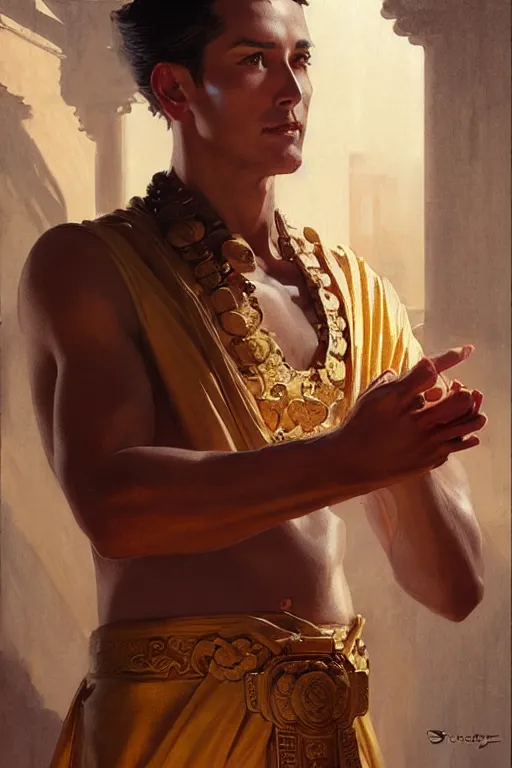 Image similar to male, temple, taoism, painting by greg rutkowski, j. c. leyendecker, artgerm