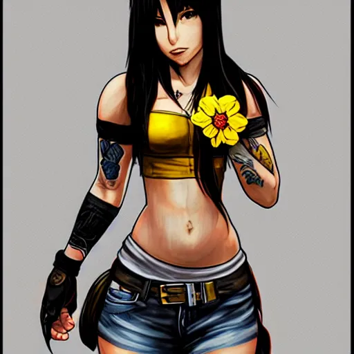 Prompt: concept art of tifa lockhart with tattoos, holding a yellow flower, high quality, detailed, trending on artstartion